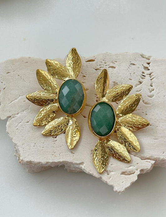 Emerald Natural Stone Gold Leaf Earring