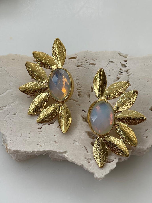 Moonstone Natural Stone Gold Leaf Earring