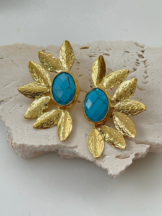 Blue Turquenite Natural Stone Gold Leaf Earring