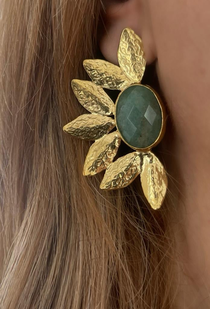 Emerald Natural Stone Gold Leaf Earring