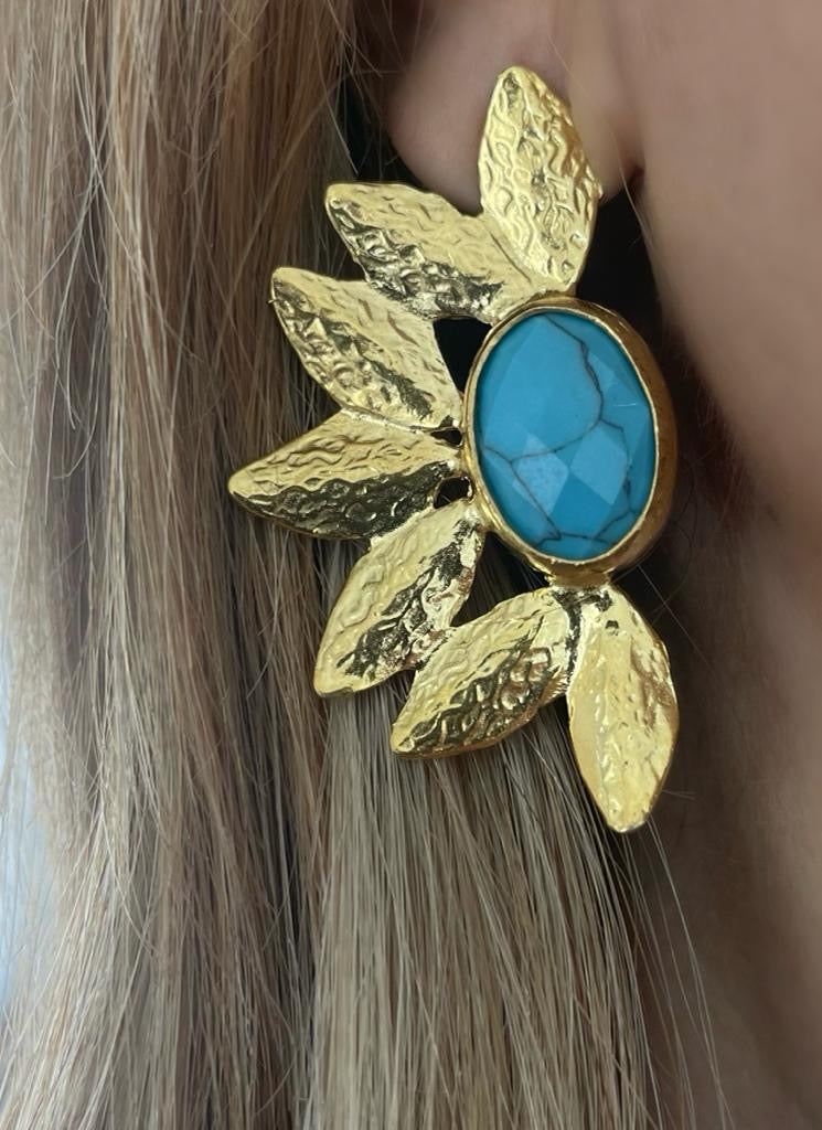 Blue Turquenite Natural Stone Gold Leaf Earring