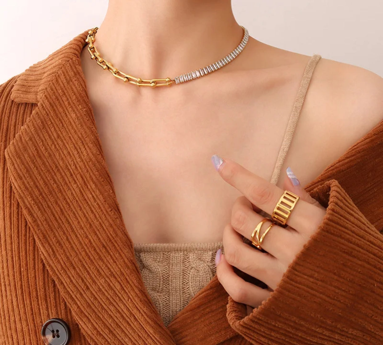 Gold Link Chain Crystal Choker Necklace