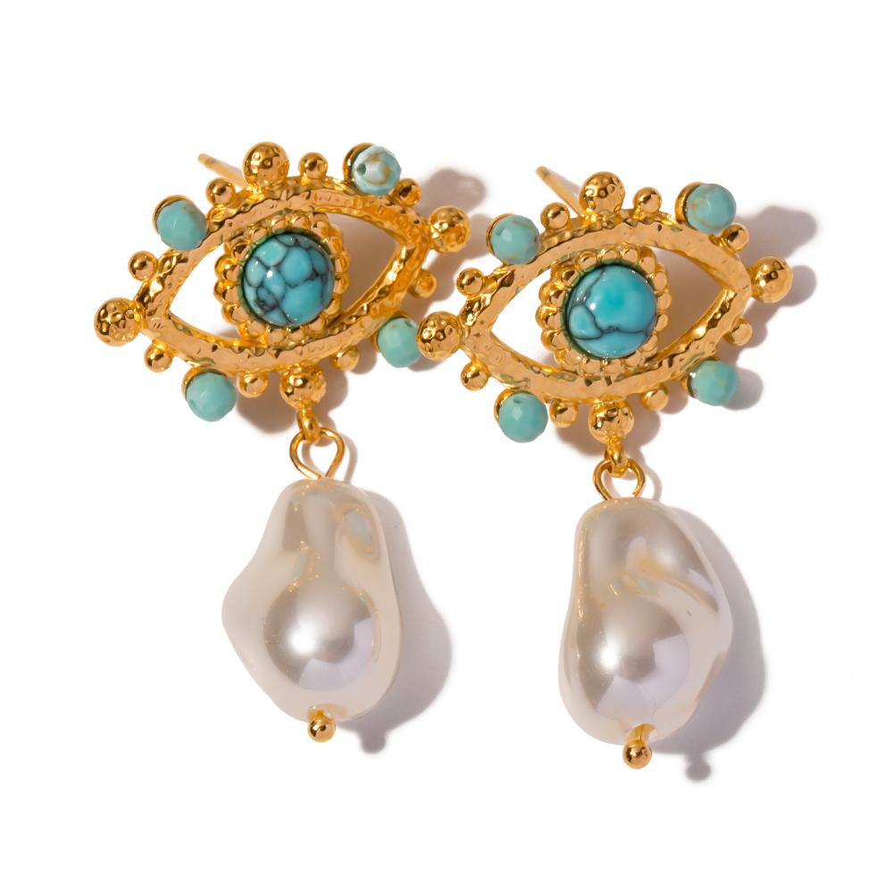 Turquoise and Pearl Evil Eye Earring