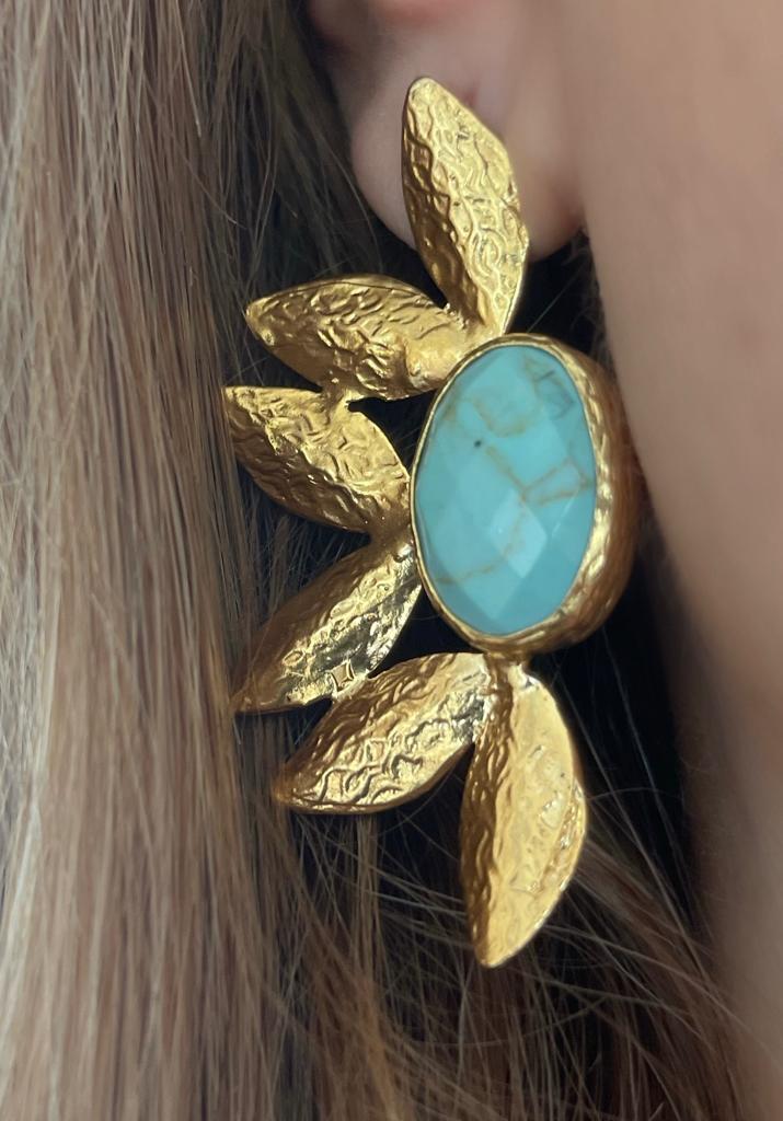 Turquoise Natural Stone Gold Leaf Earring