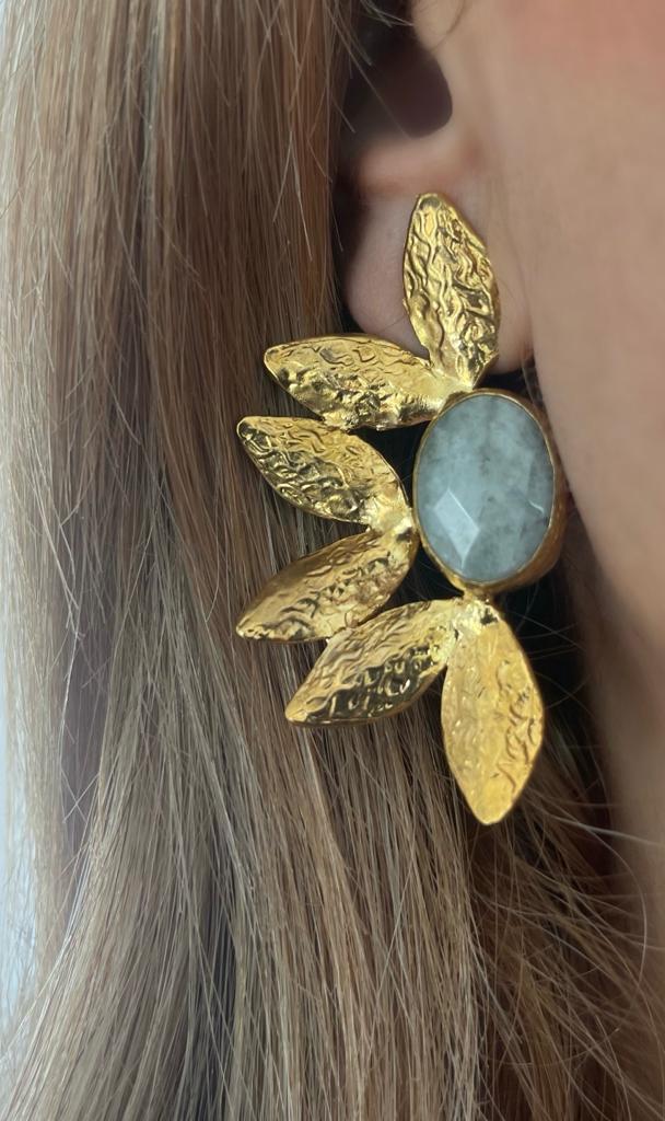 Grey Labradorite Natural Stone Gold Leaf Earring