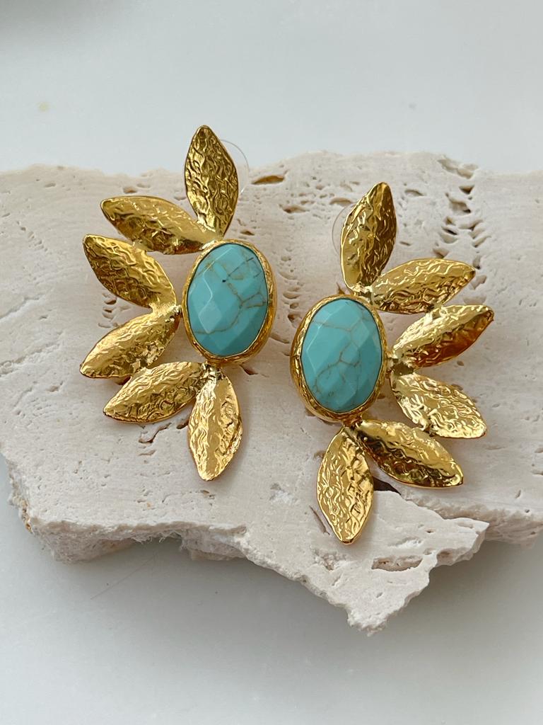 Turquoise Natural Stone Gold Leaf Earring