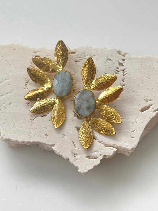 Grey Labradorite Natural Stone Gold Leaf Earring